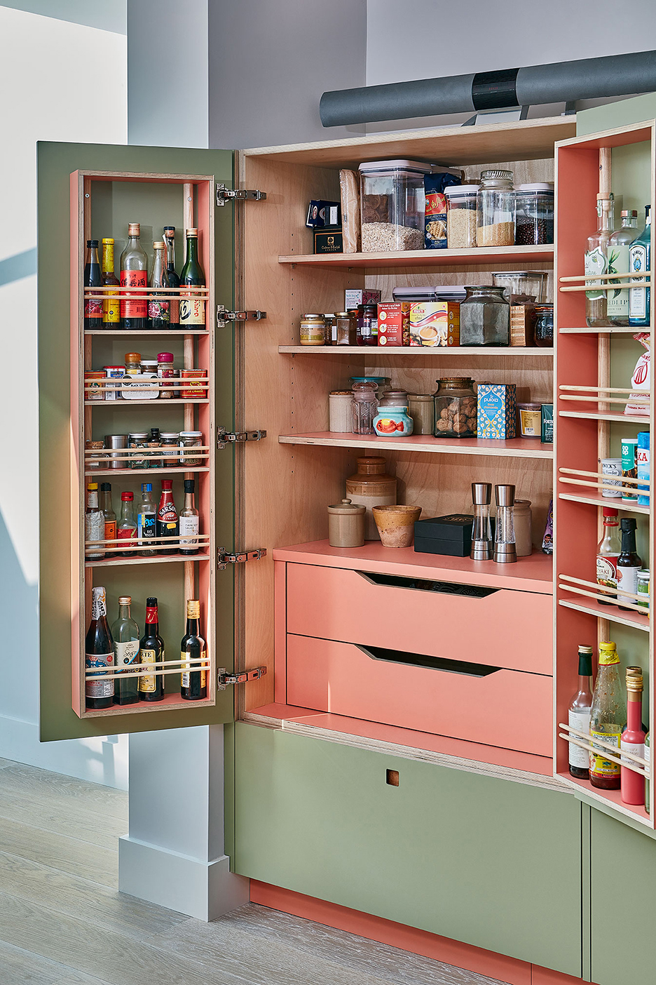 pink and green cabinet open