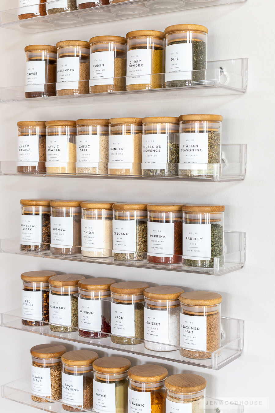 spices on acrylic shelves