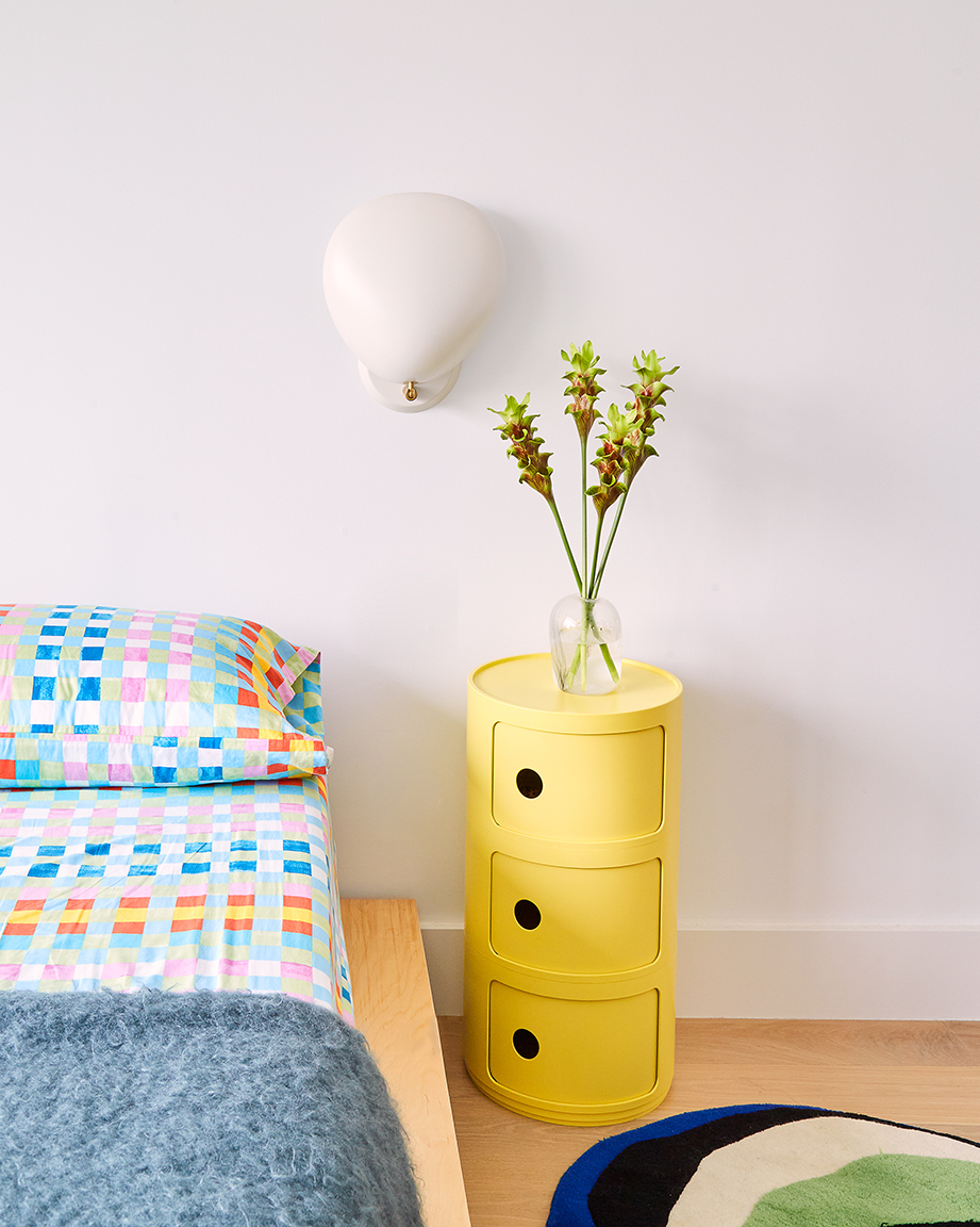 gingham bed sheets and lemon night stand