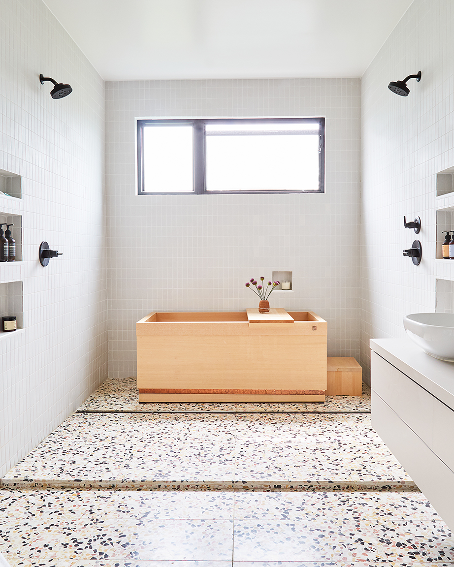 Bathroom, creamy tiles with terrazzo floor