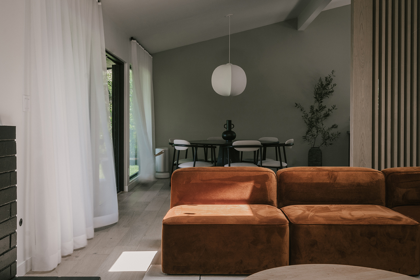 brown velvet sofa in living room