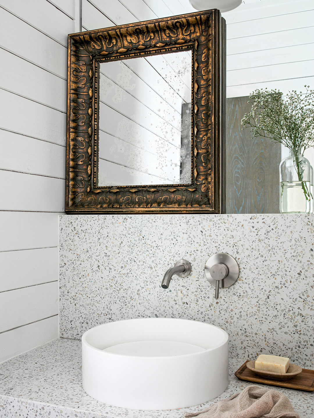 white terrazzo bathroom sink