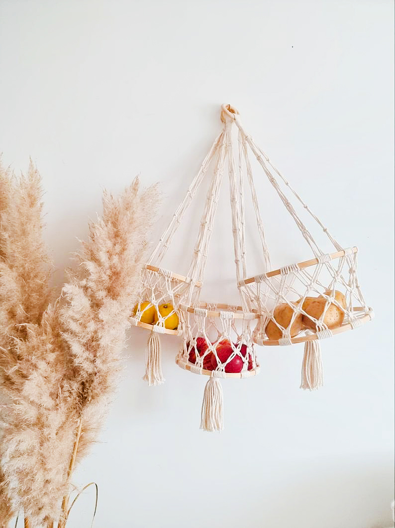 hanging macrame fruit storage baskets