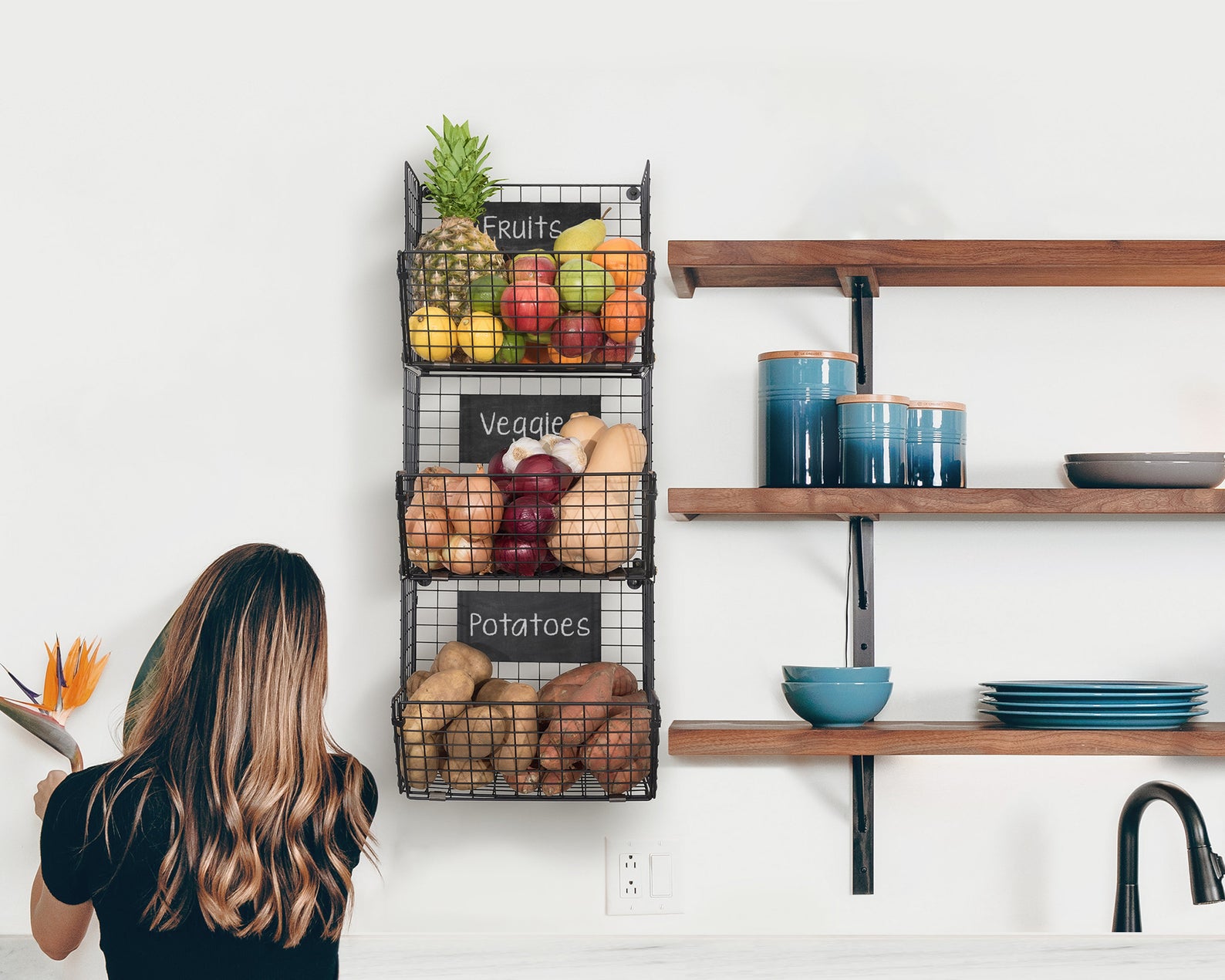 hanging three-tiered metal fruit storage