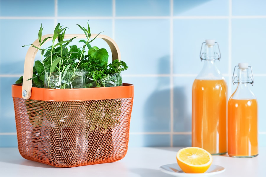 orange mesh basket with handle