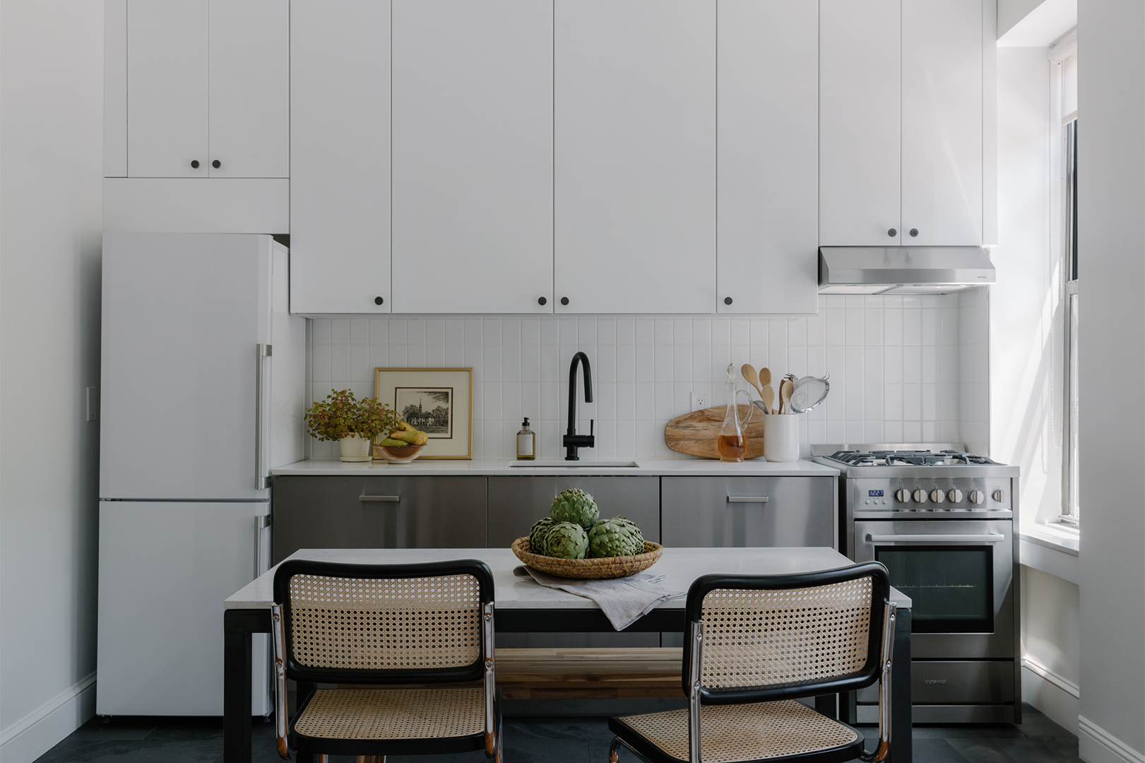 white and metal cabinets