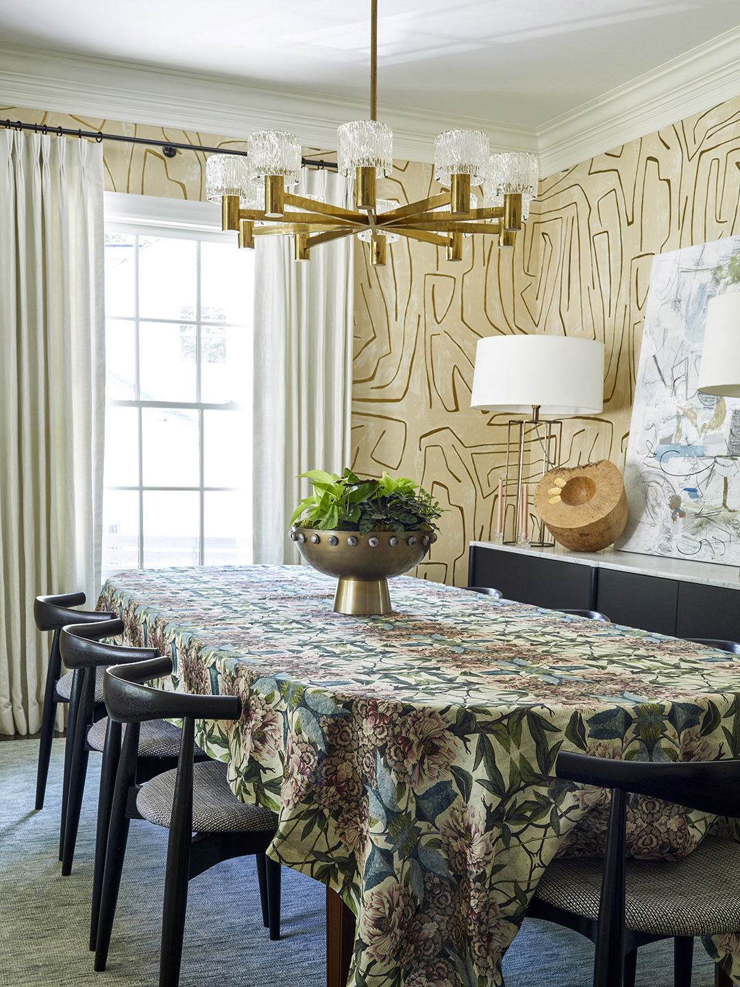 dining room with graphic wallpaper