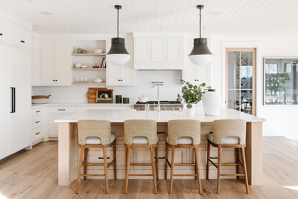 beige stools at counter