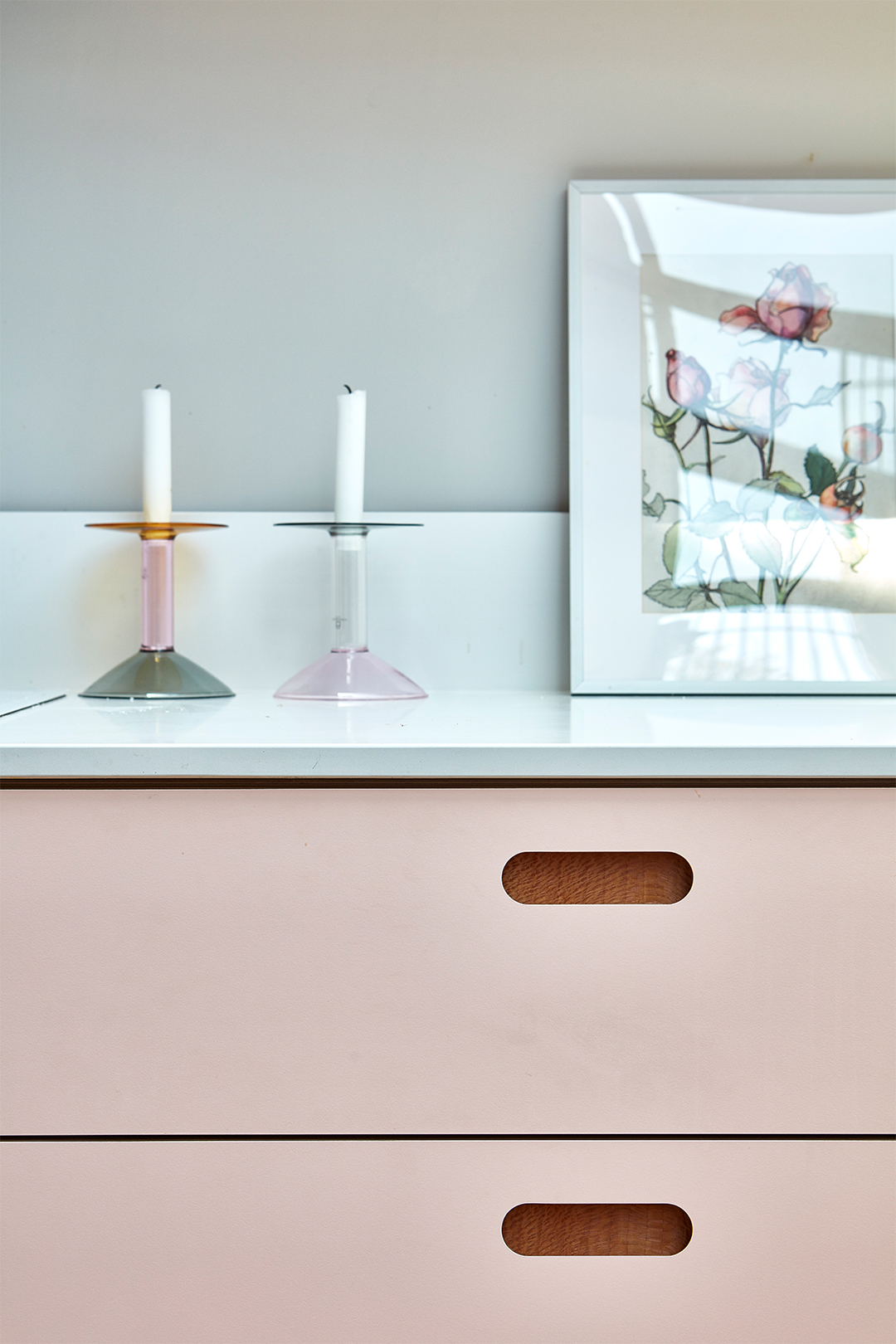 close-up of pink kitchen cabinet
