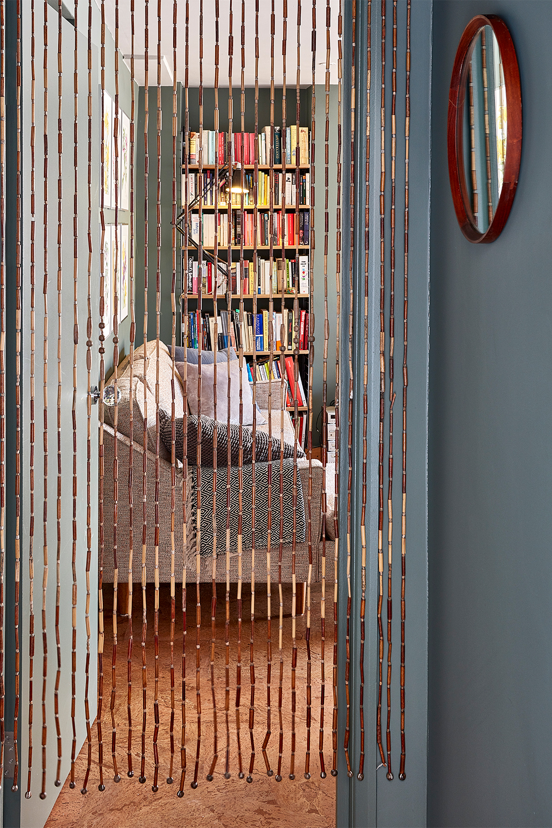 beaded curtain leading to living room