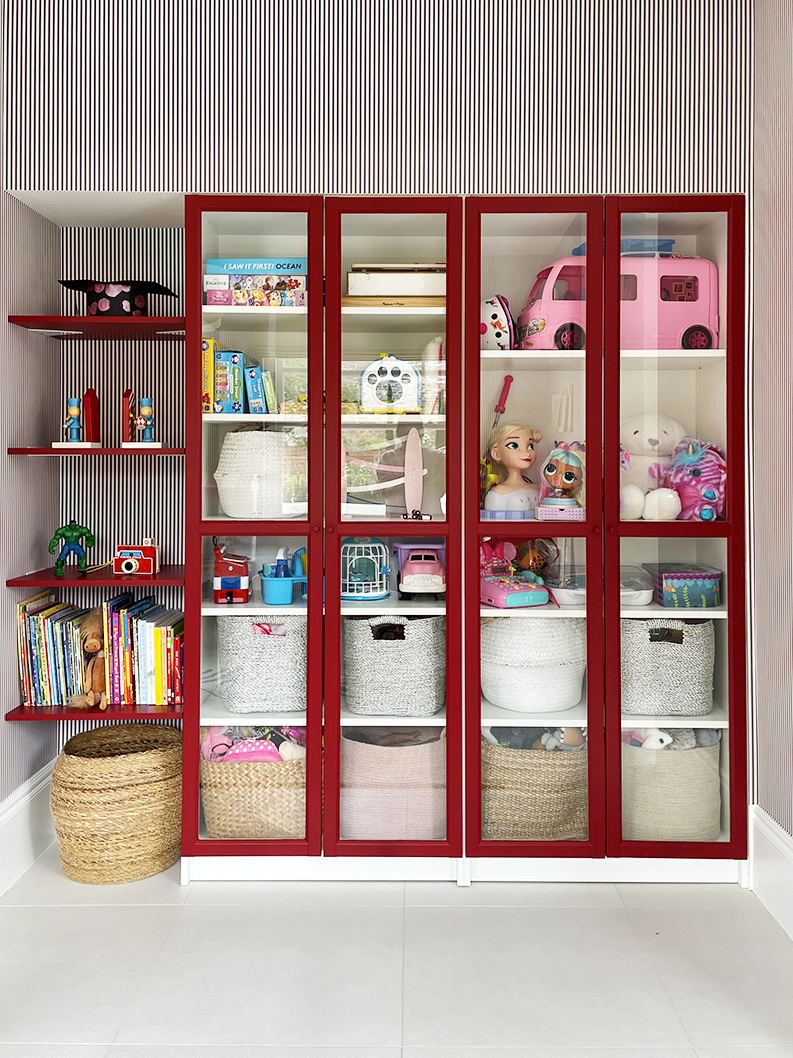 white and red book shelves