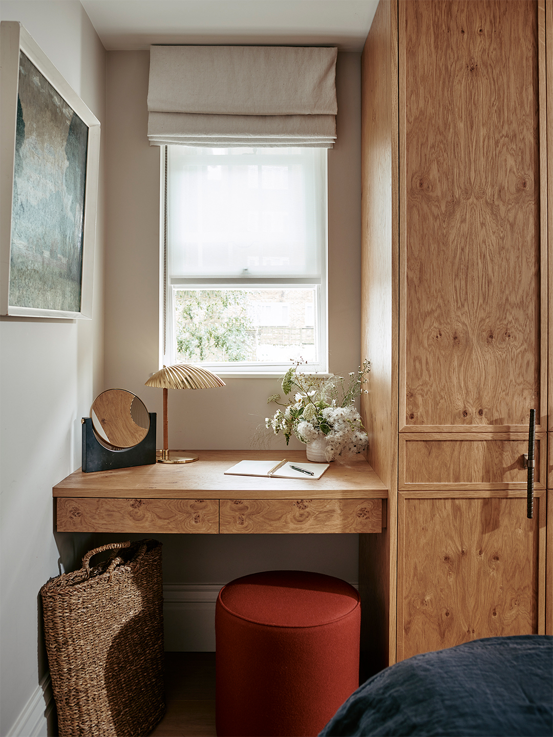 burl wood built-in desk