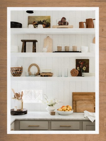 Open Floating Shelves in White Shiplap Kitchen