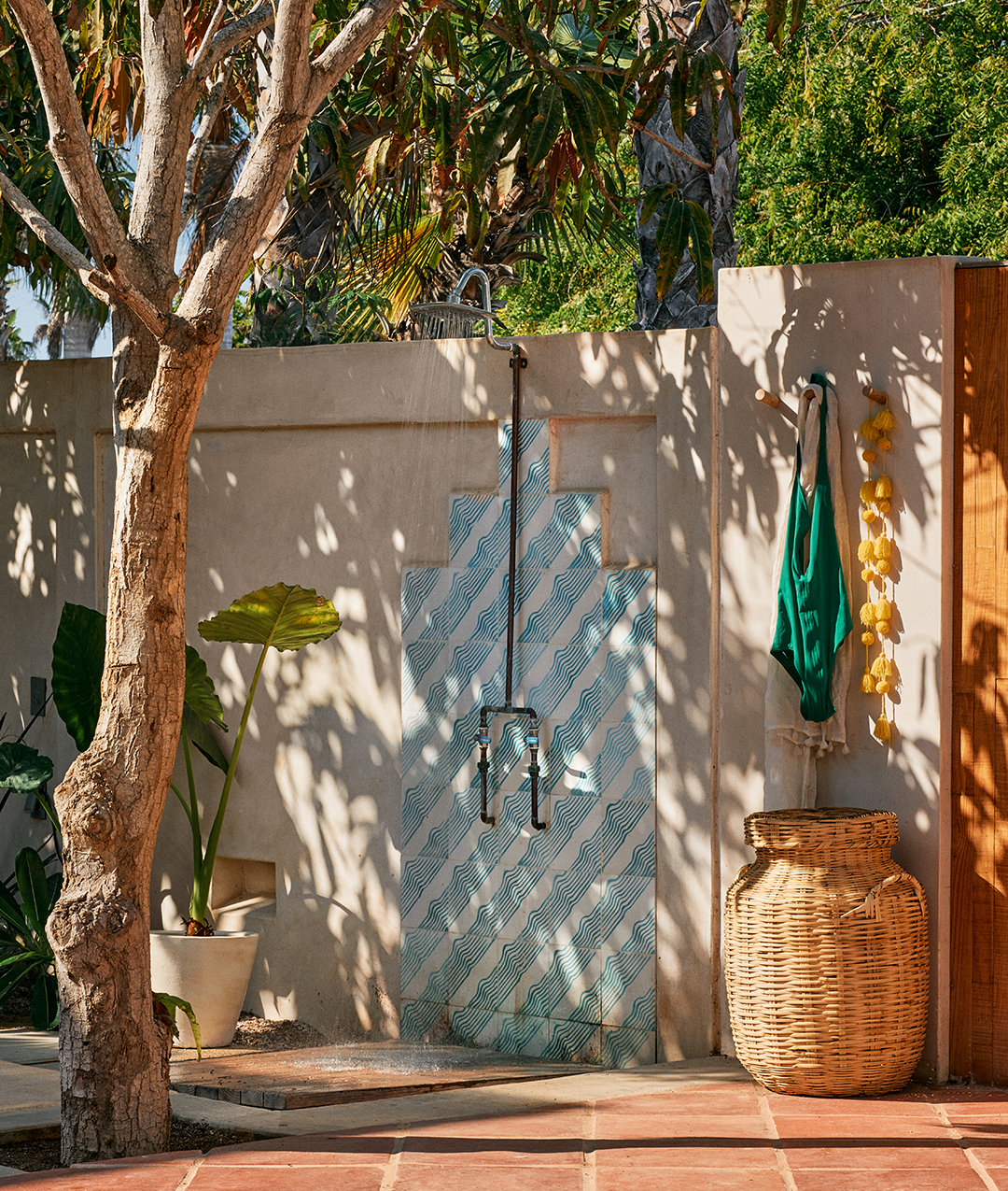 blue and white striped garden fence