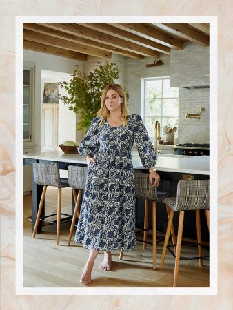 Designer Amber Lewis in Kitchen with border