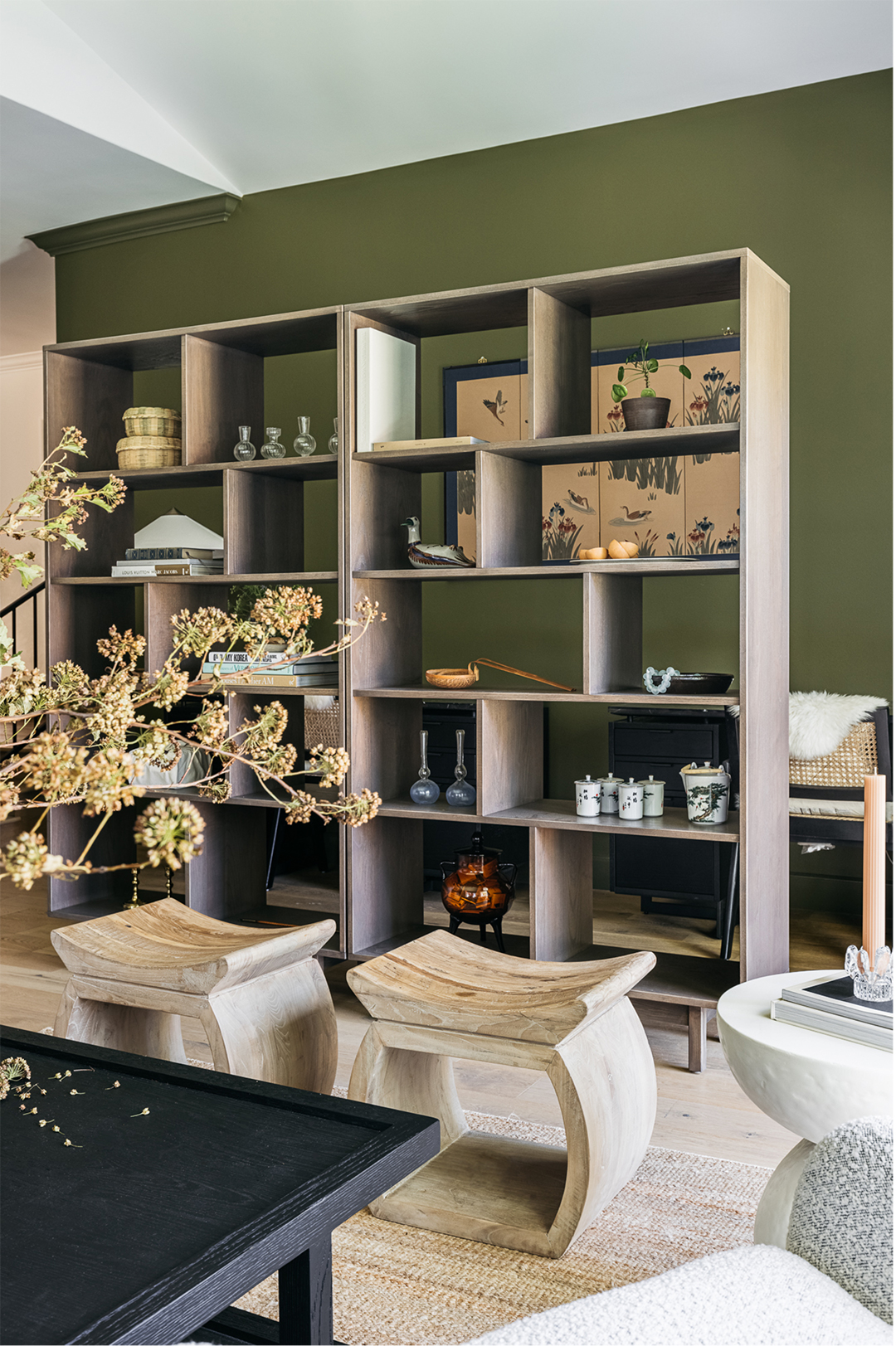 Two Bookcases in Green Living Room