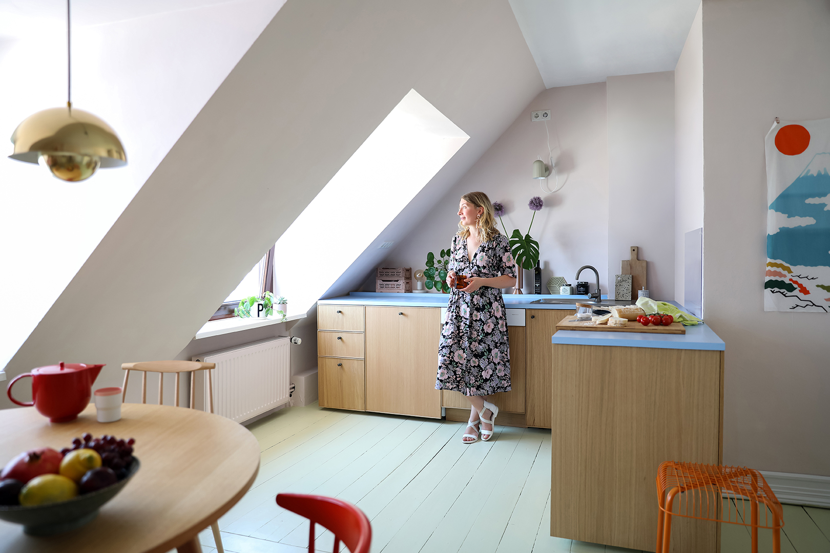 kitchen with blue countertops