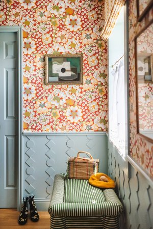 red wallpapered bathroom