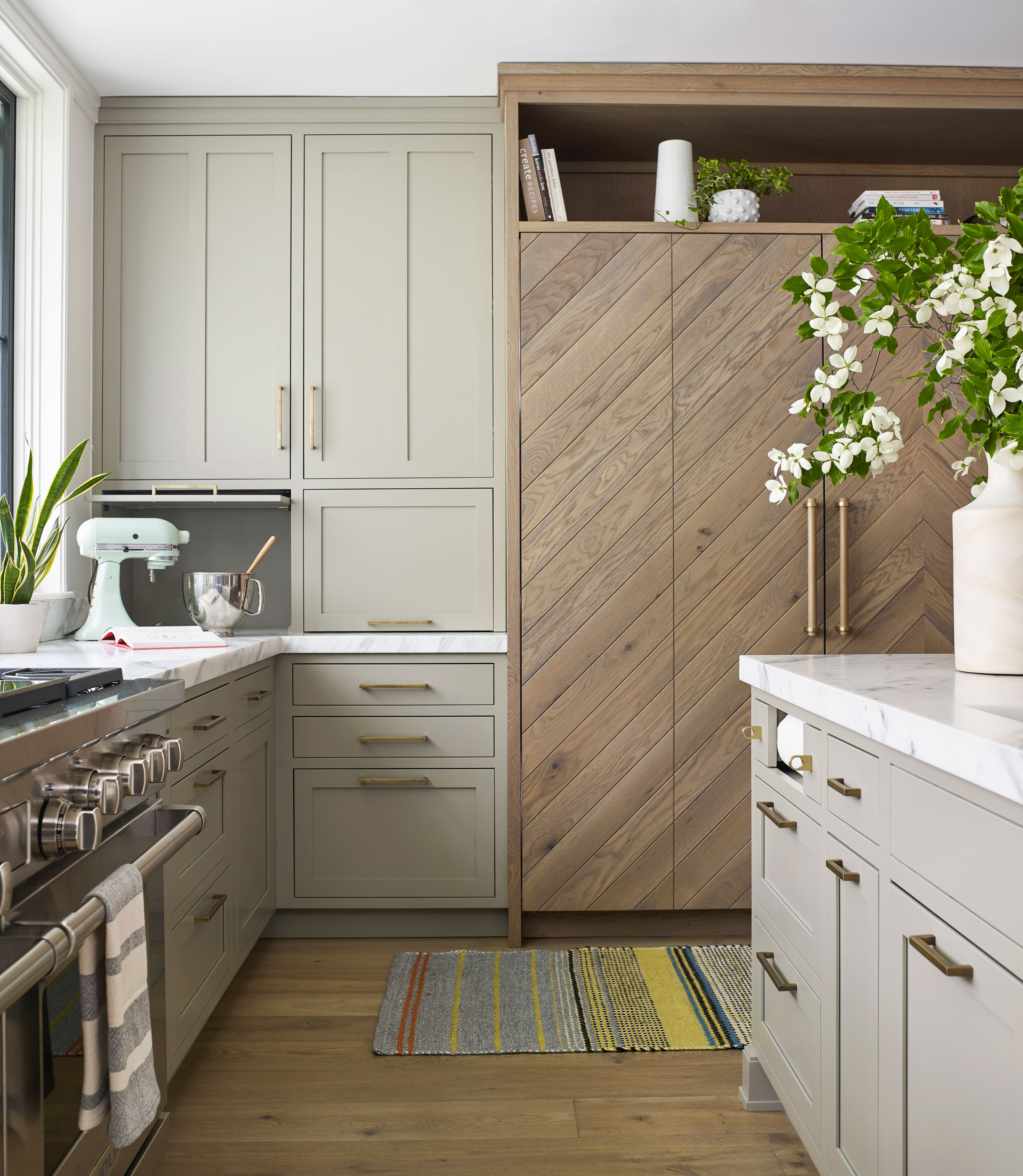 Gray Green Kitchen With Wood Cabinets