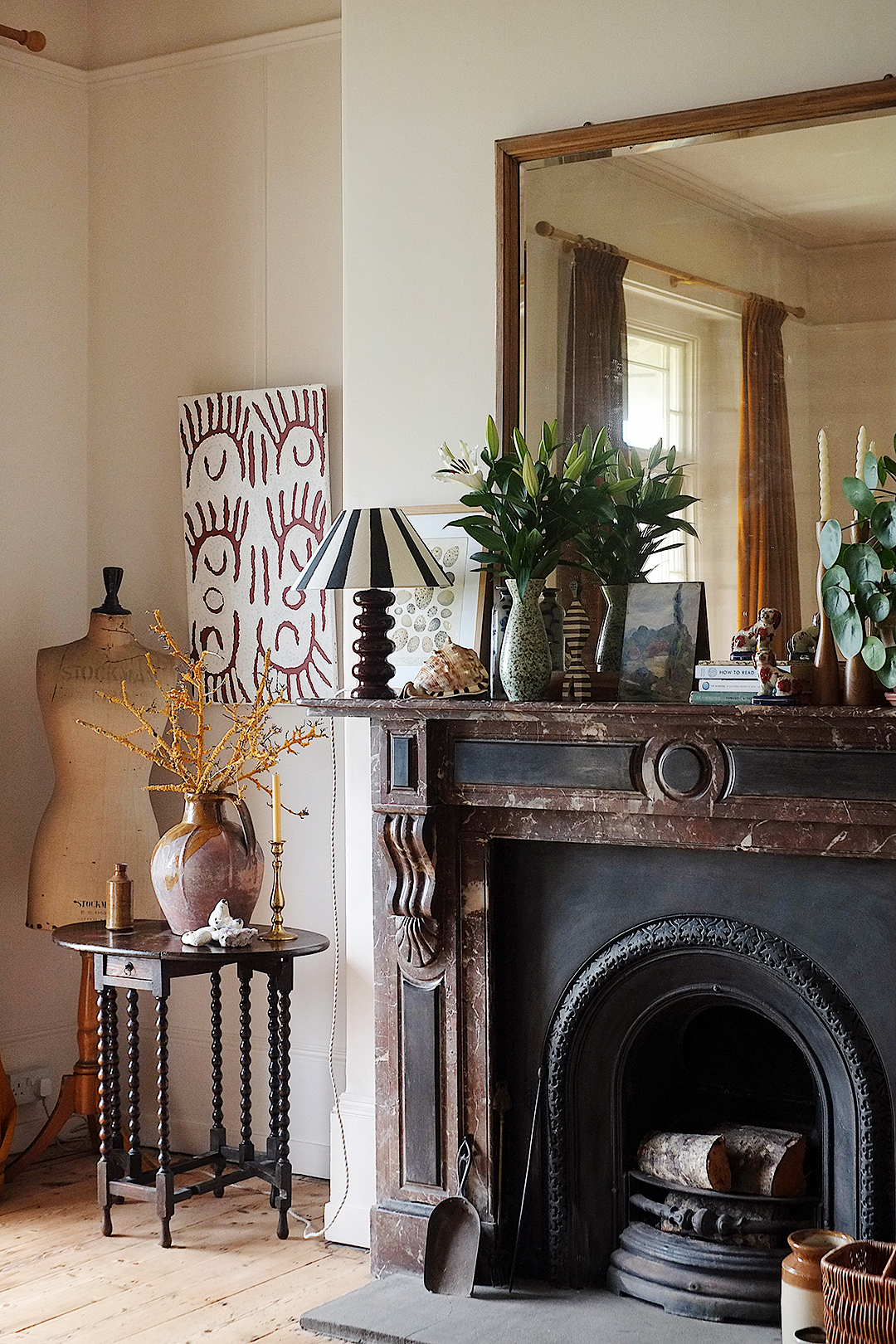 fireplace with mirror