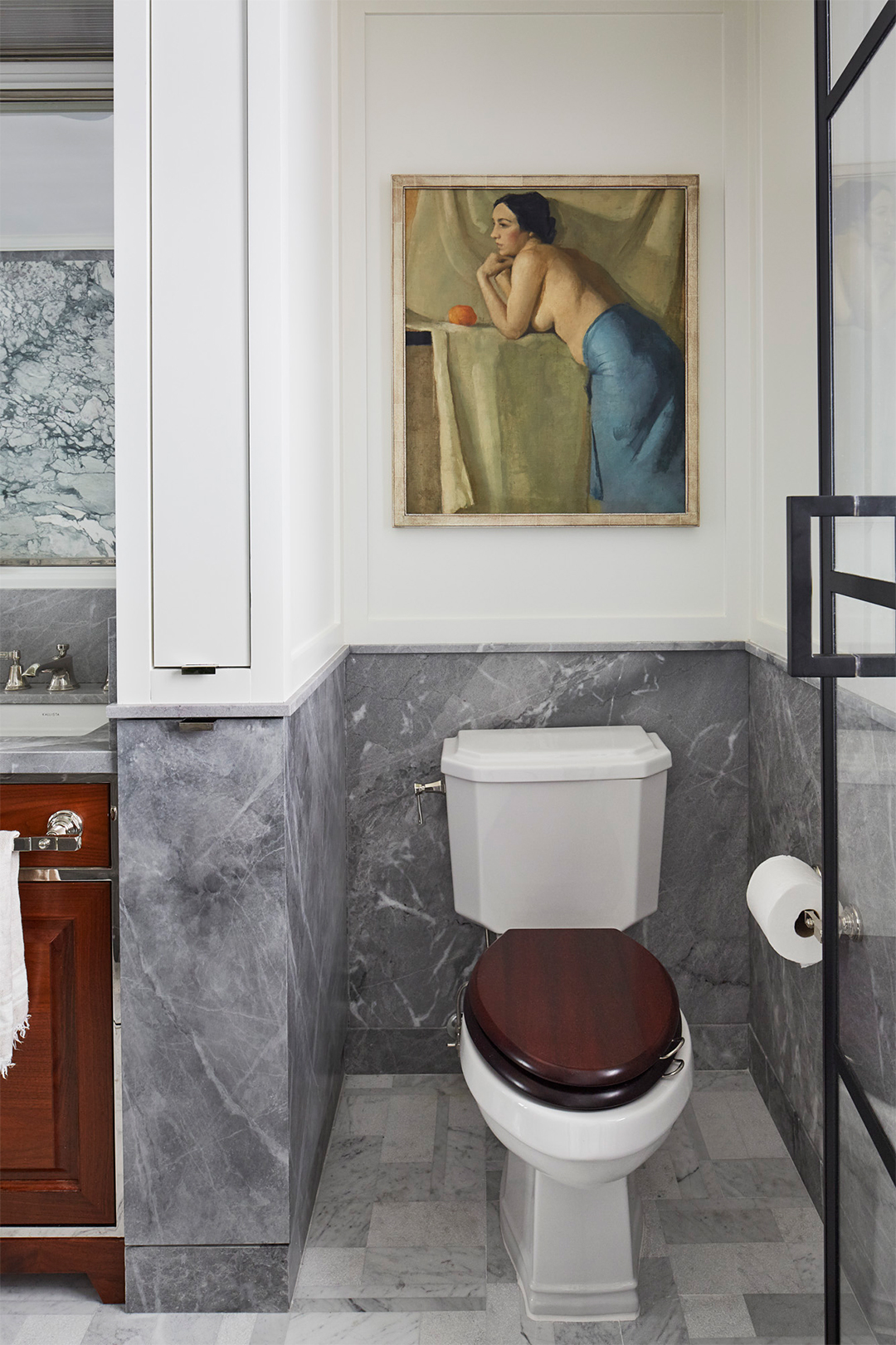 toilet with wood seat
