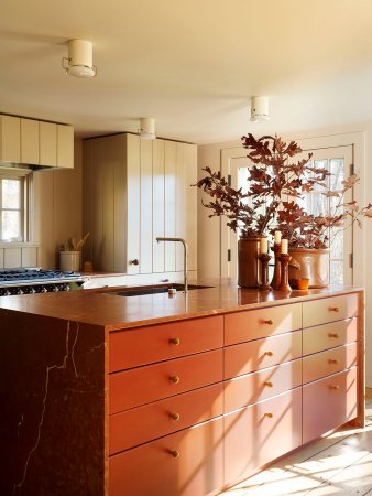 kitchen with large red island