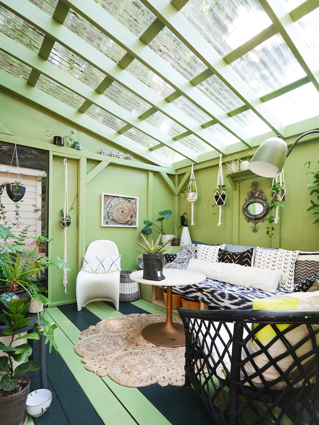 Greenhouse with seating and green walls