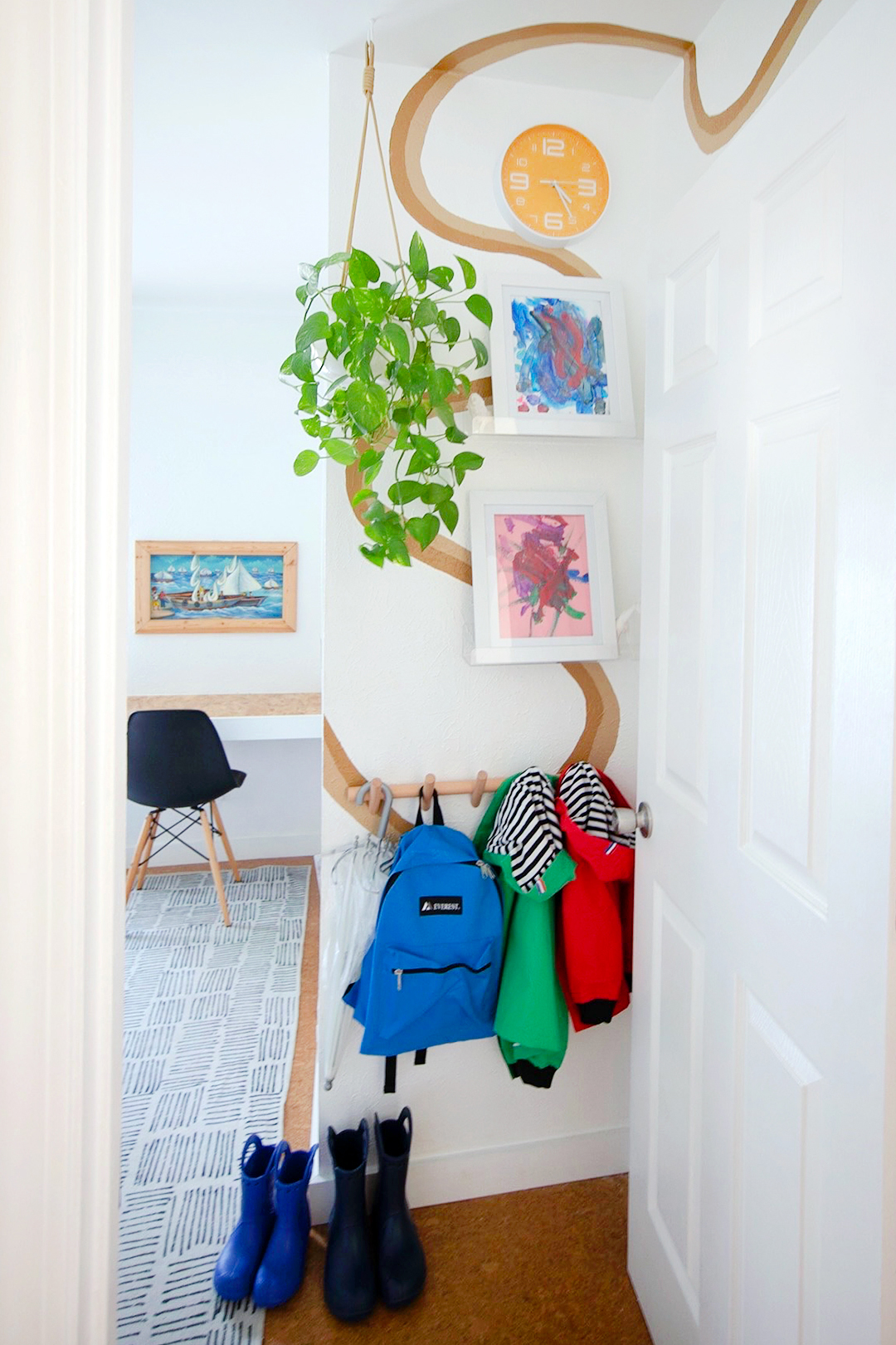 backpacks on wall