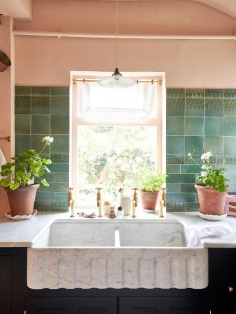 farmhouse sink in front of window