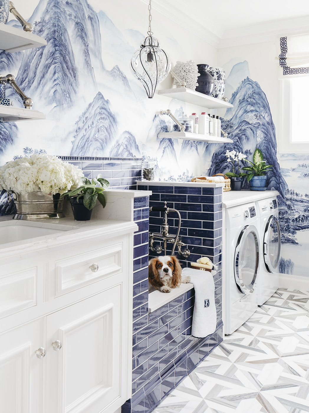 blue subway tile dog wash