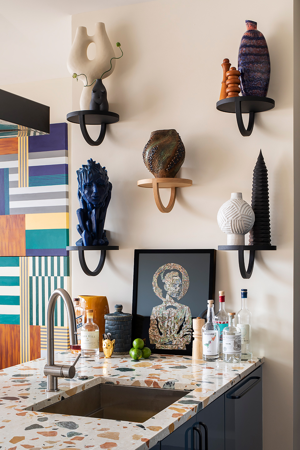 Blue, green and terracotta terrazzo kitchen countertop