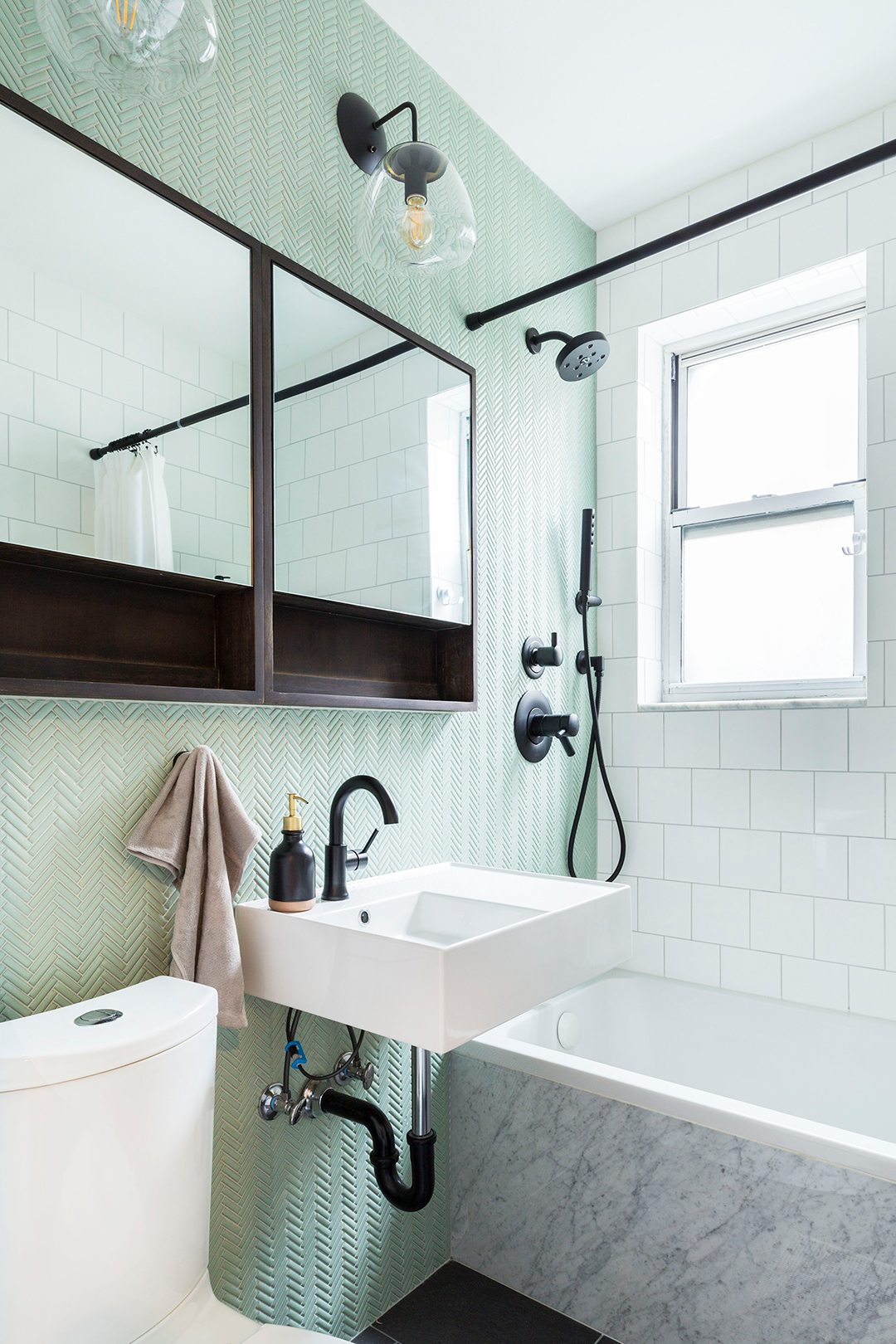 mint green minimalist bathroom in NYC