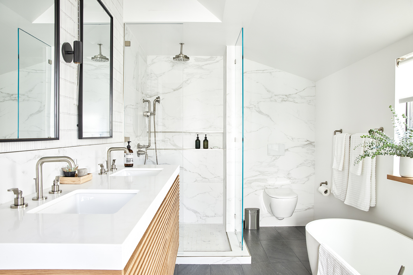 white marble bathroom in LA