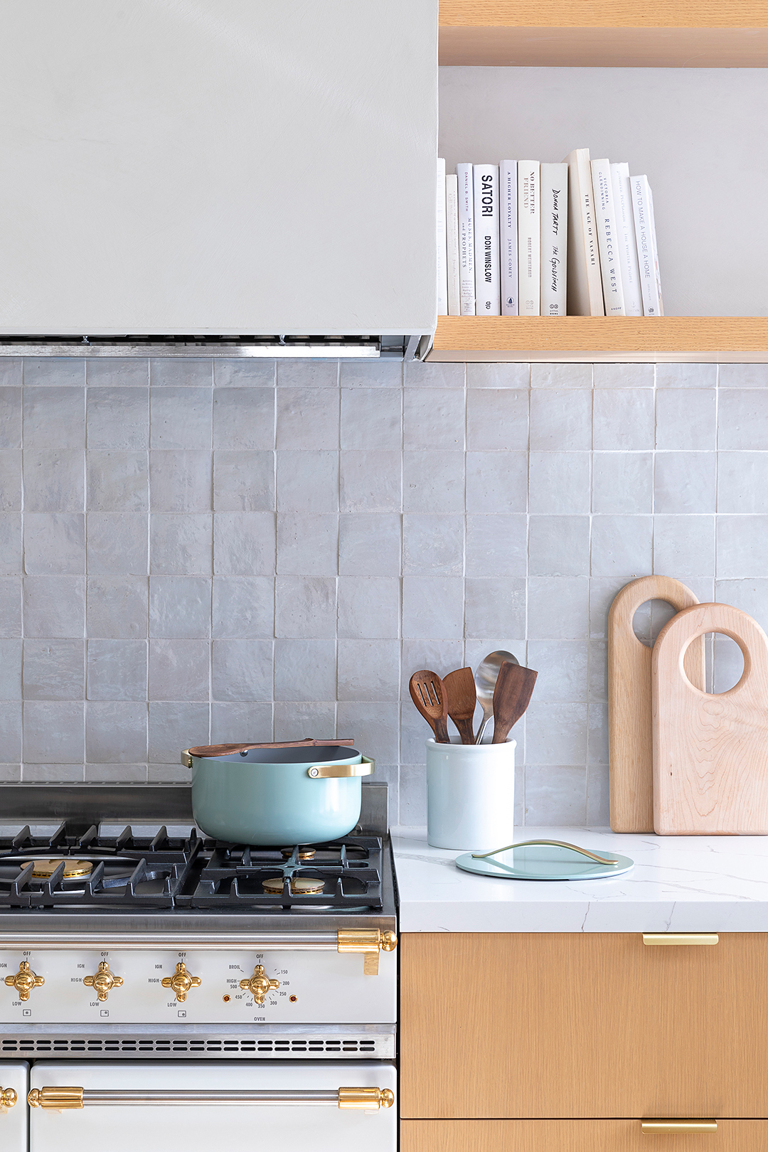 kitchen with grey backsplash