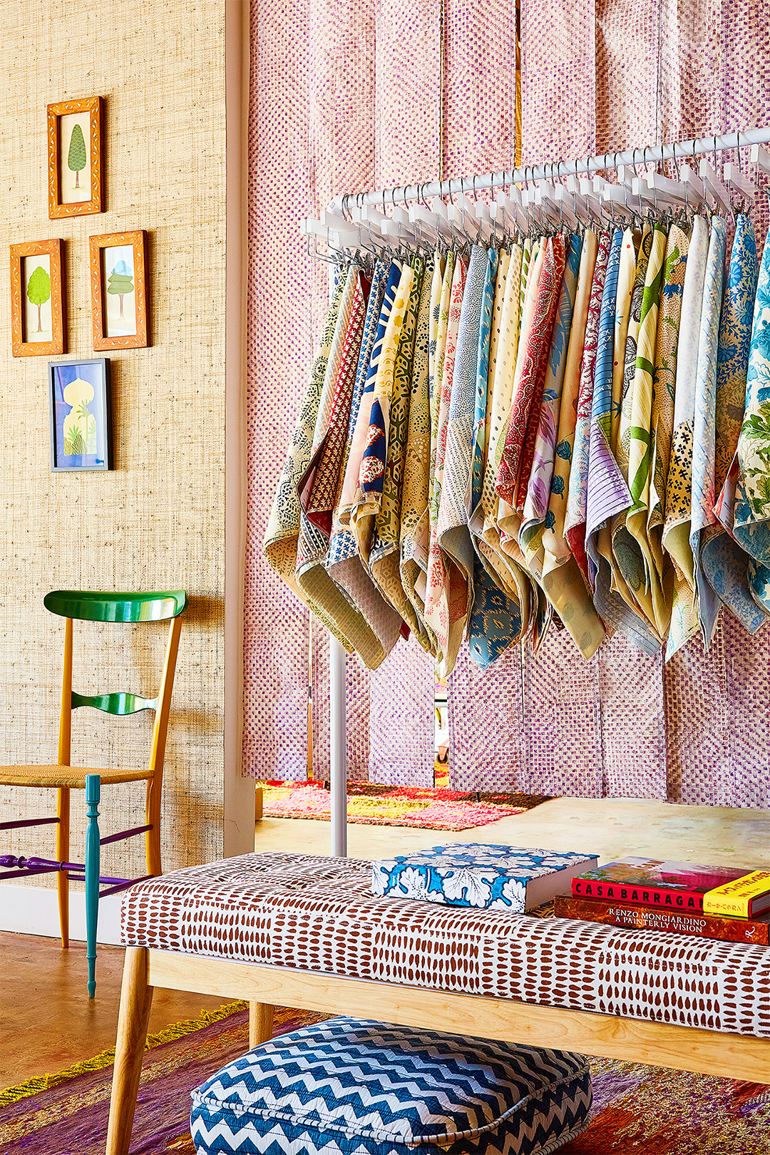 store corner, textured walls and patterned cushions.