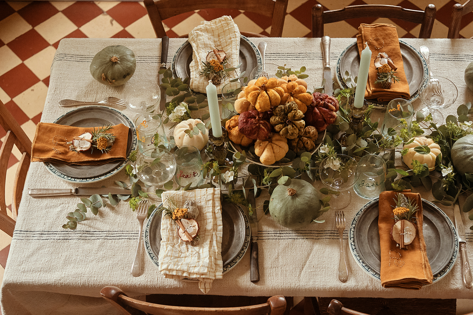 Rustic Thanksgiving table at Heloise Brion's place in Normandy, France