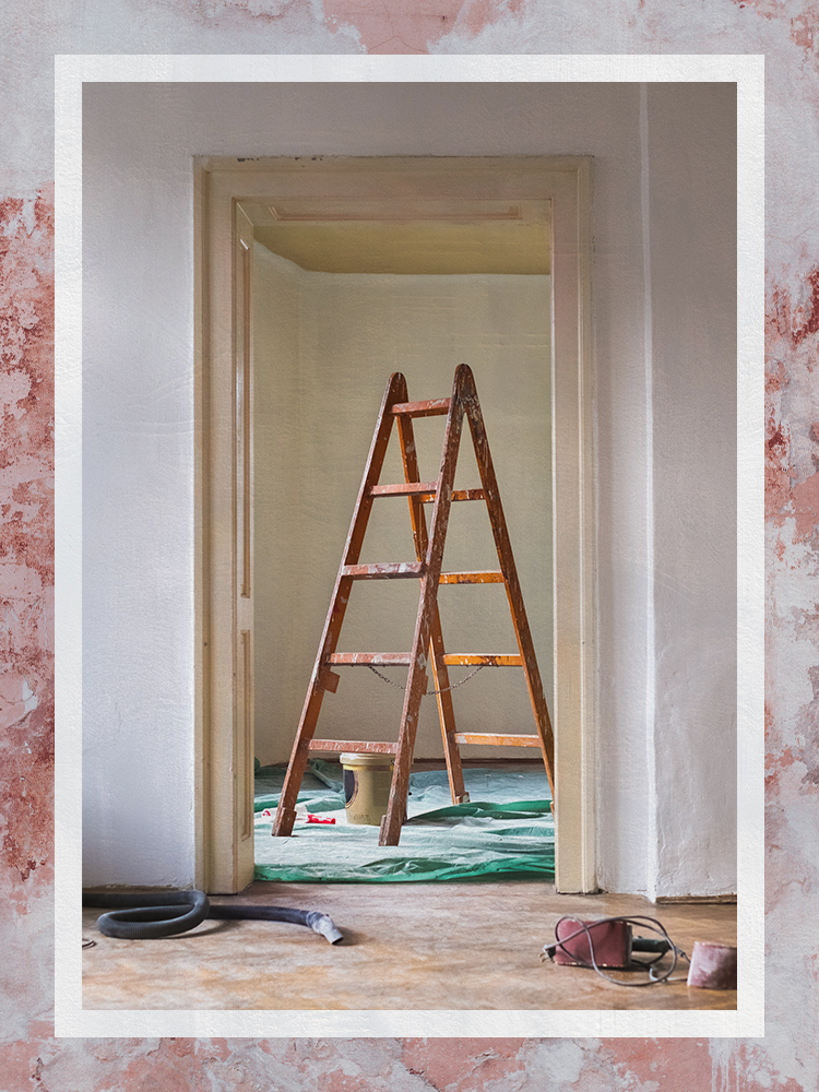 Ladder with Paint Supplies in Room