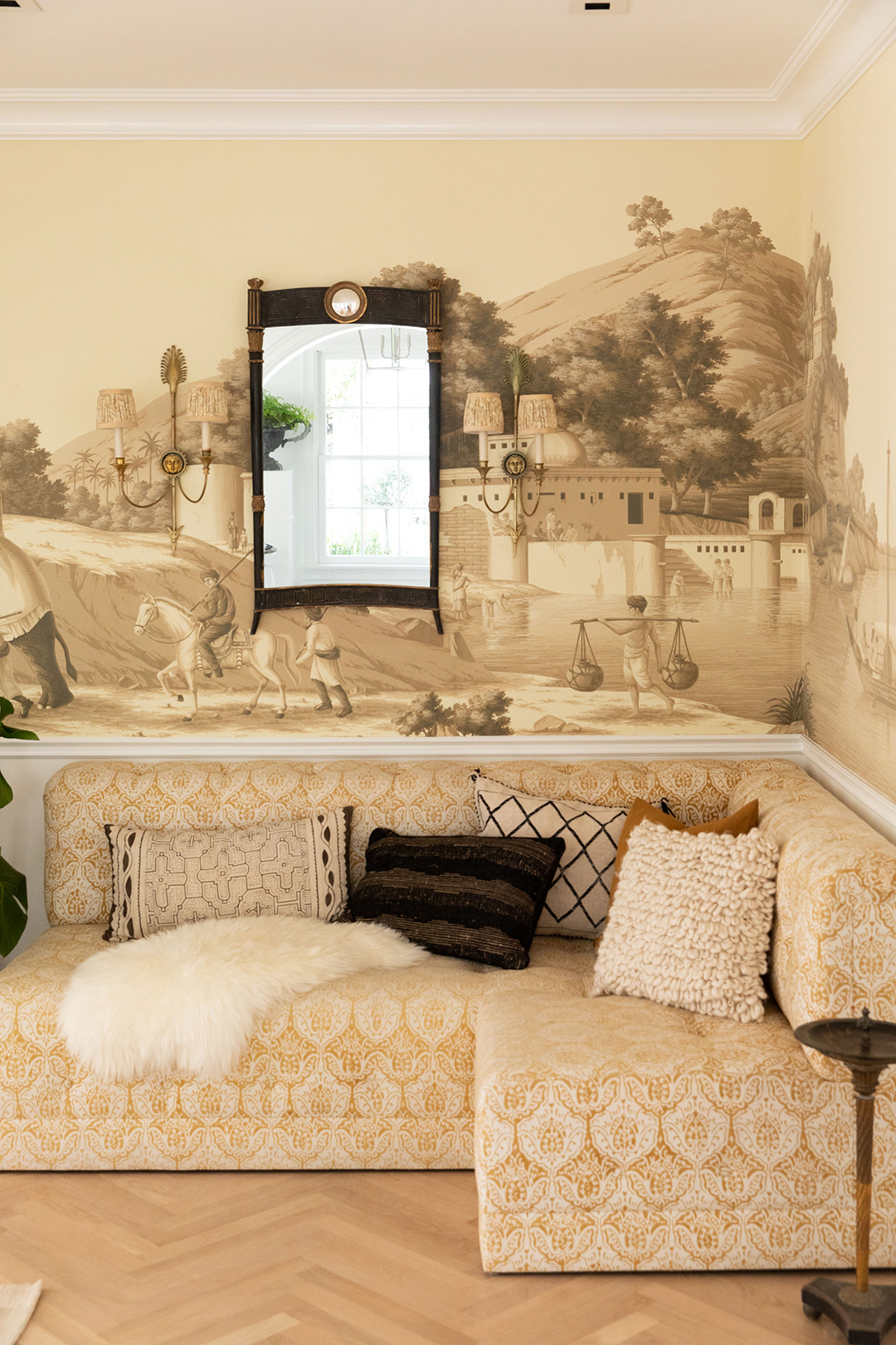 wallpapered beige nook