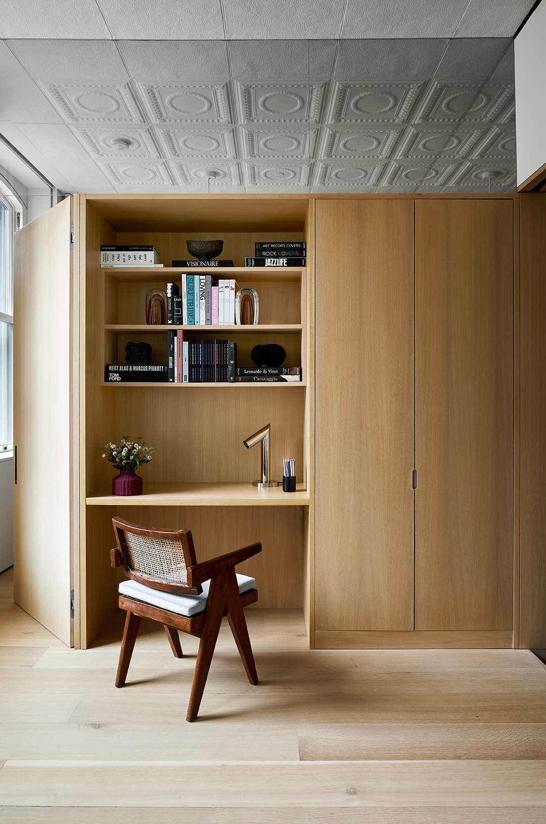 wood desk built in nook