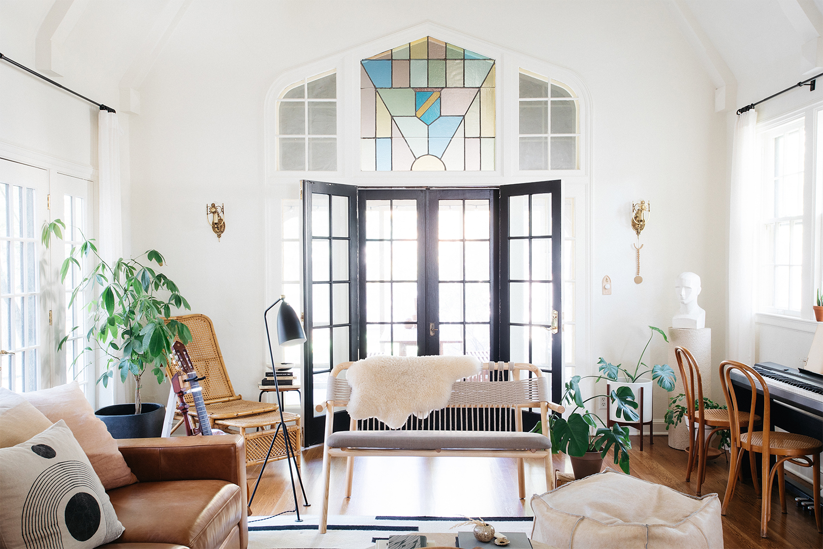 living room with vaulted ceilings