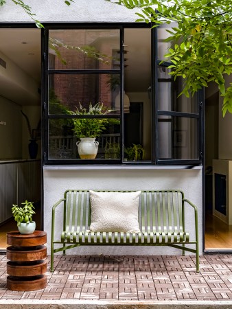 Green Bench Outside Kitchen Steel Frame Doors