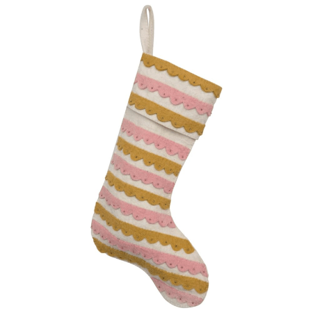  Creative Co-Op Wool Felt Stocking with Appliqued Scallops and Beads, Pink, Cream and Mustard