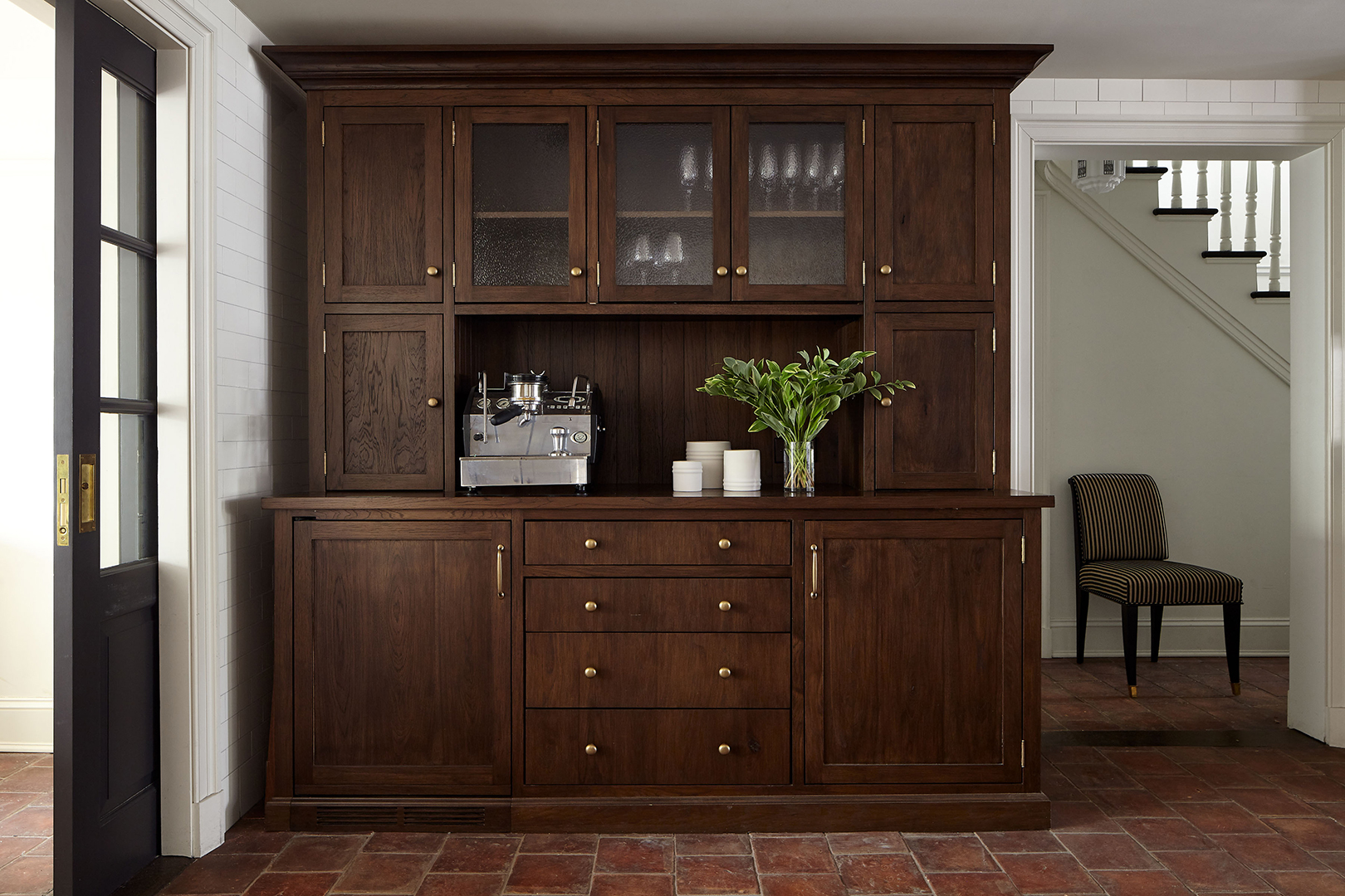 dark wood china built-in hutch