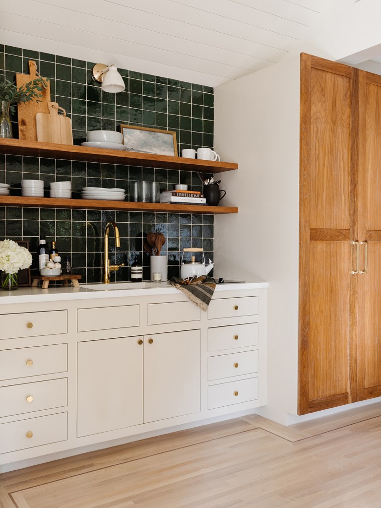 After Image of Kitchen with Green Tile and White Cabinets