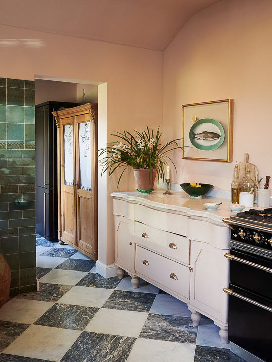 checkered floor in pink kitchen