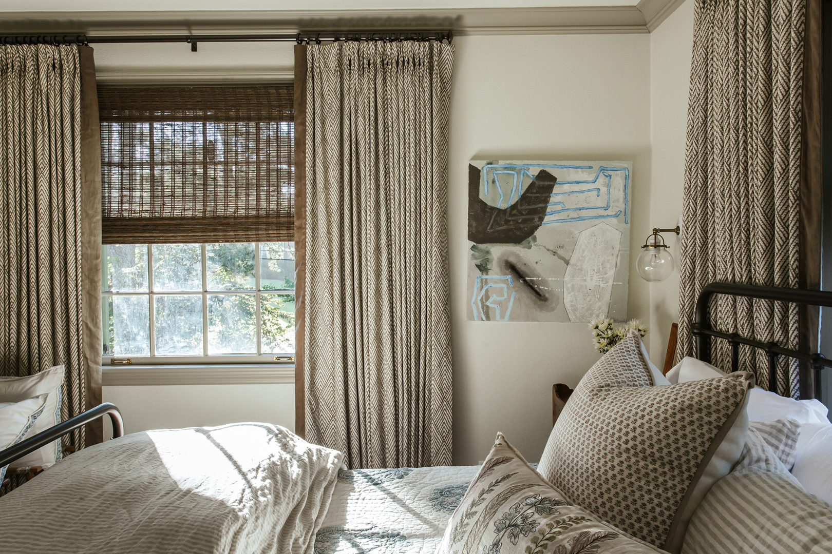 grey curtains in primary bedroom