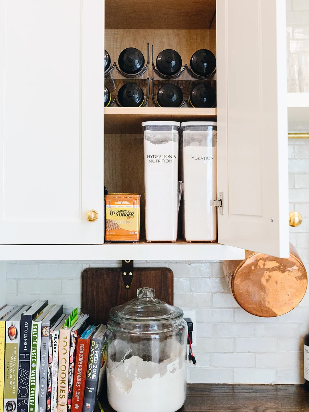 water bottles in cabinet