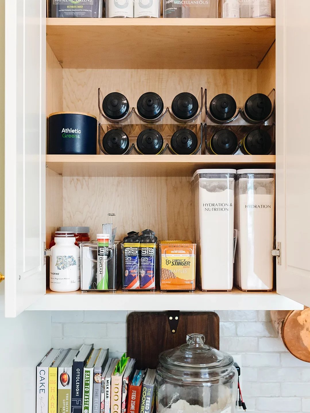 water bottles in cabinet