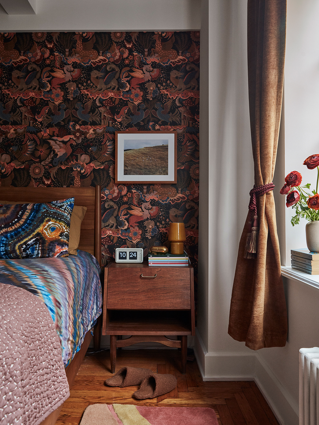 Bedroom with maximalist wallpaper