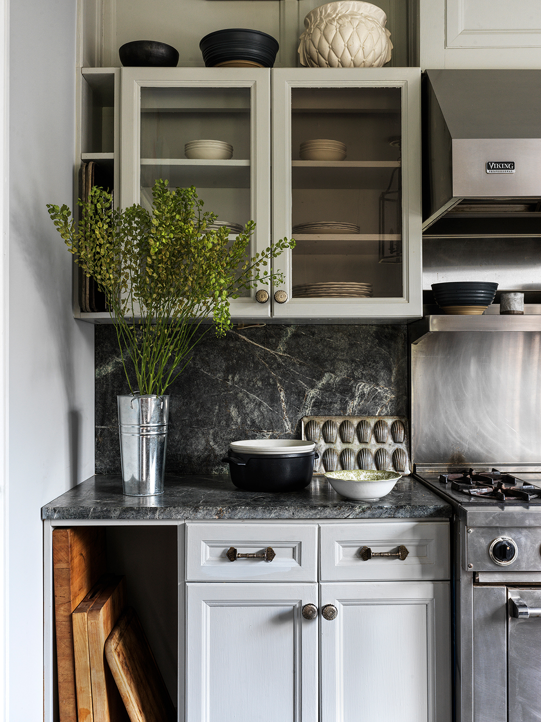 gray cabinets with glass fronts